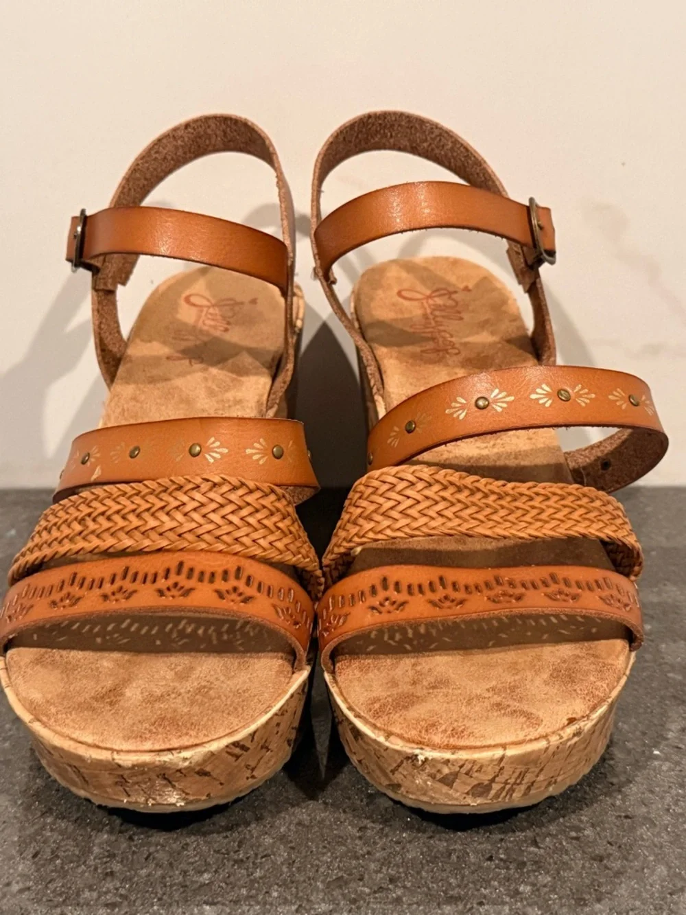 Jelly Pop Memory Foam Woven Tan Cork Wedge Sandals with Buckle Strap - Picture 4 of 11